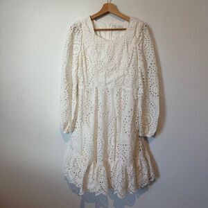 Ivy City White Eyelet Embroidered Long Sleeve Ruffled Dress Women's Size Medium